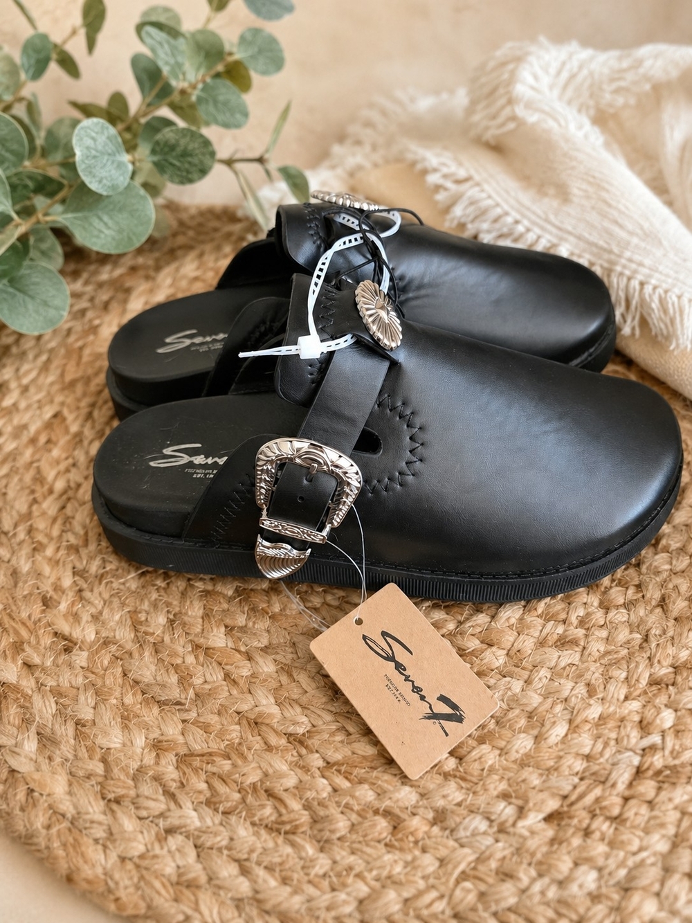NWT Seven7 Black Western Buckle Mule Clogs Slip-On Comfort Shoes